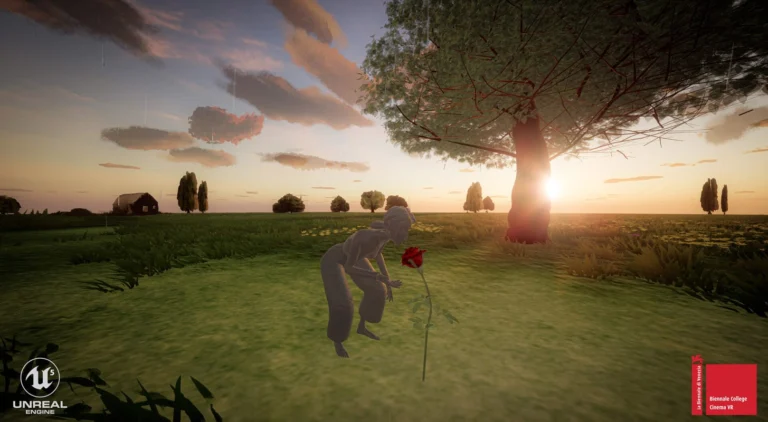 Scene from the VR film Mono: a stylised character bends over a red rose
