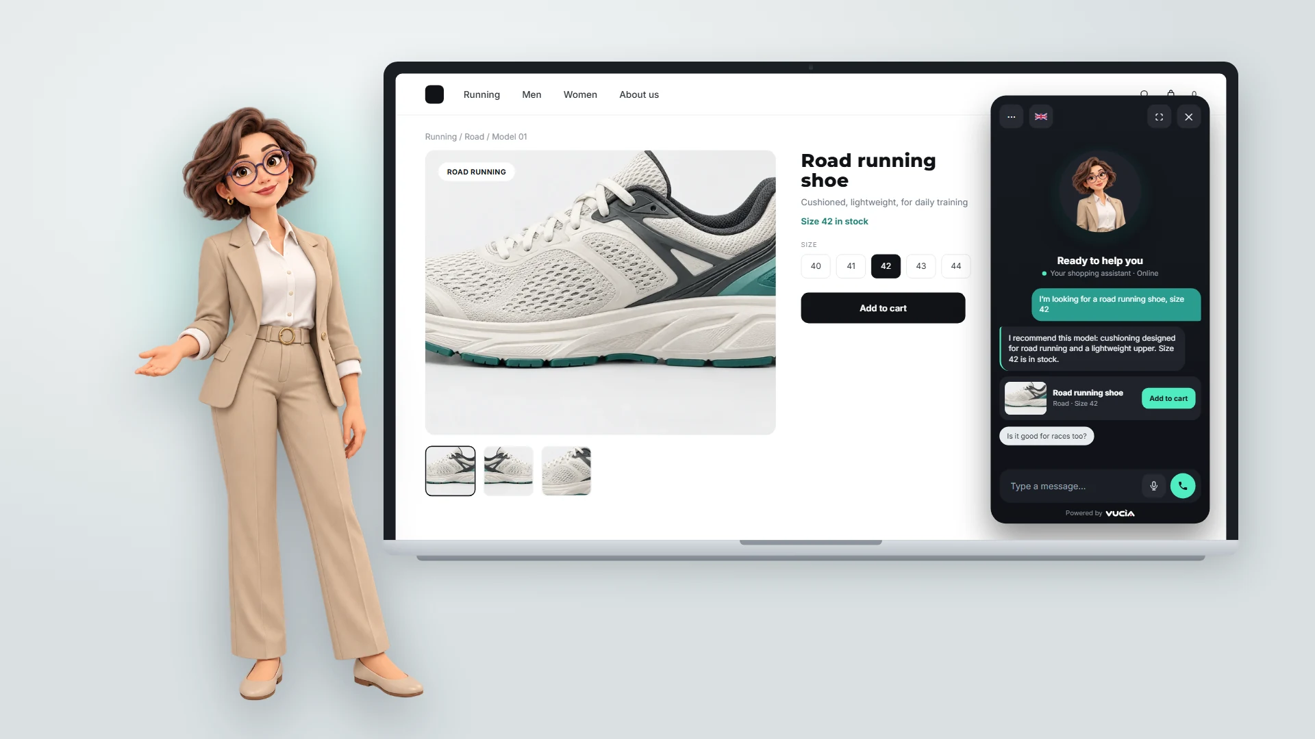 Vucìa AI assistant chatting on a shoe e-commerce site, shown on a laptop