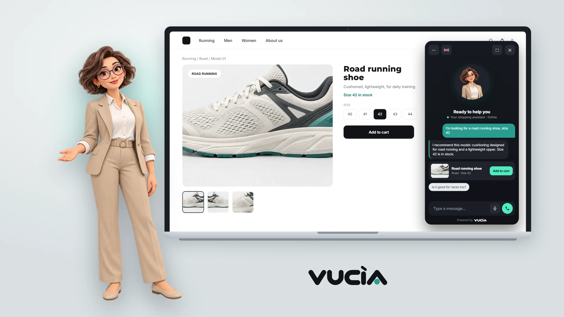 Vucìa AI assistant chatting on a shoe e-commerce site, shown on a laptop