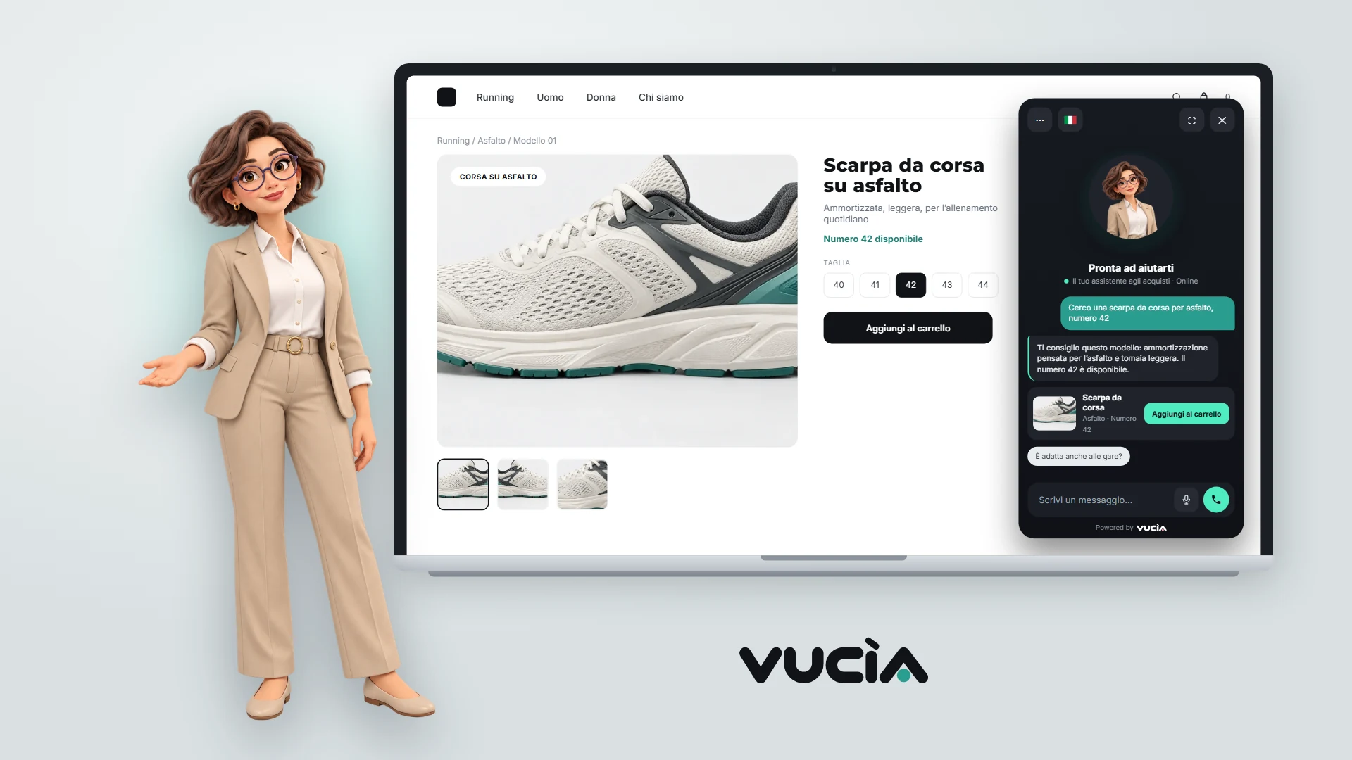 Assistente AI Vucìa in una chat su un e-commerce di scarpe, mostrato su un portatile