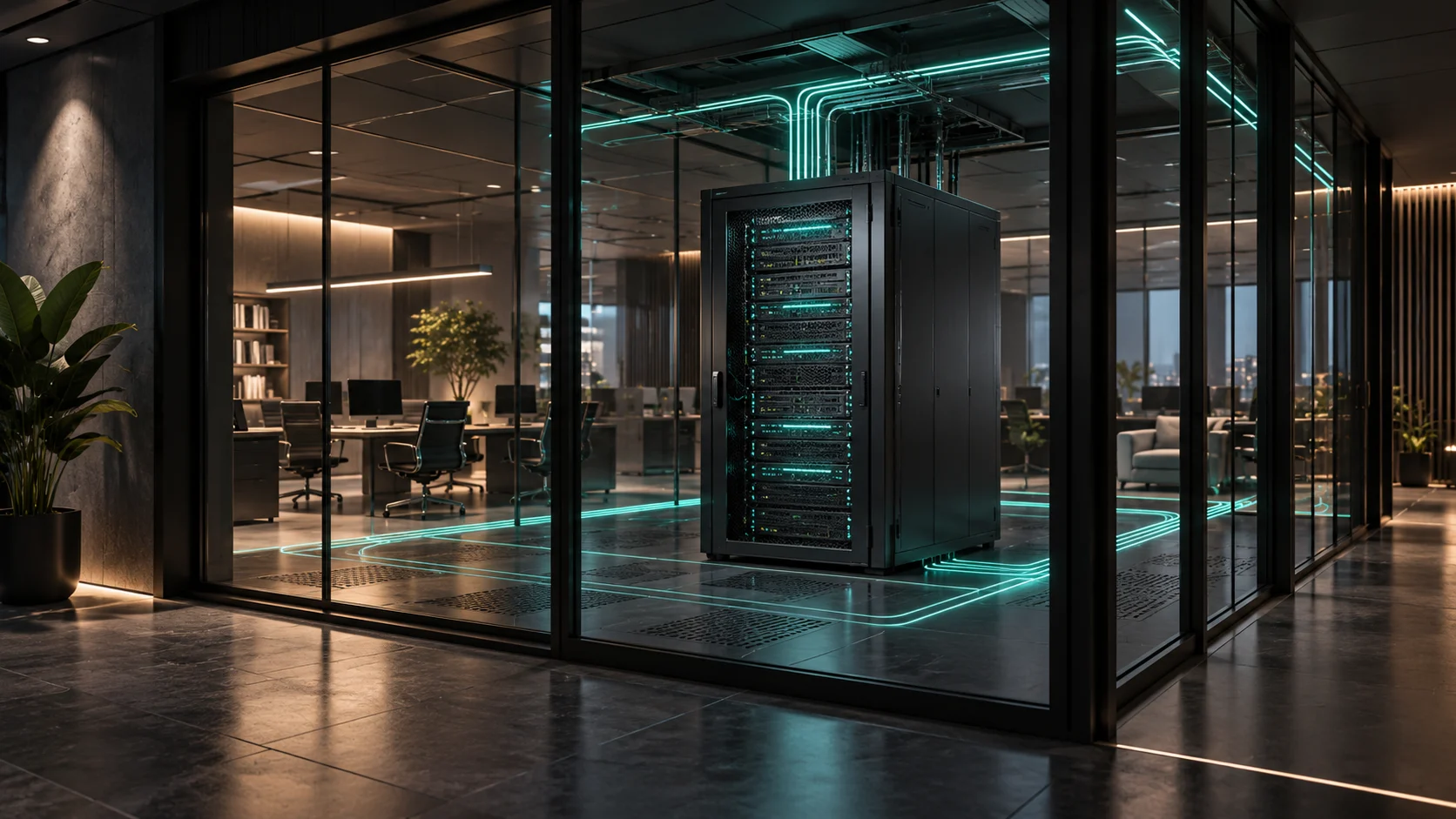 Illustrazione: server AI e dati aziendali custoditi dentro l'azienda