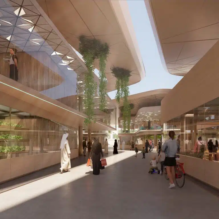 Interior render of a shopping centre in Dubai with wide spaces and storefronts