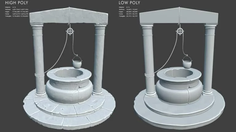 Comparison between the high-poly and low-poly versions of the 3D model of a medieval well