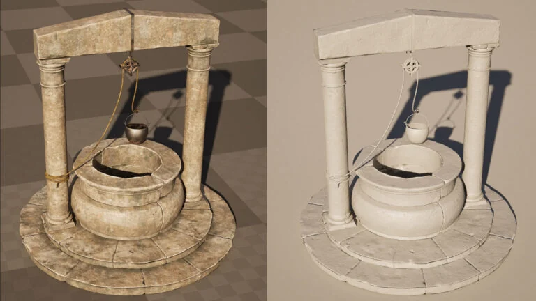 Comparison between the 3D model of the medieval well with textures applied and the version without textures