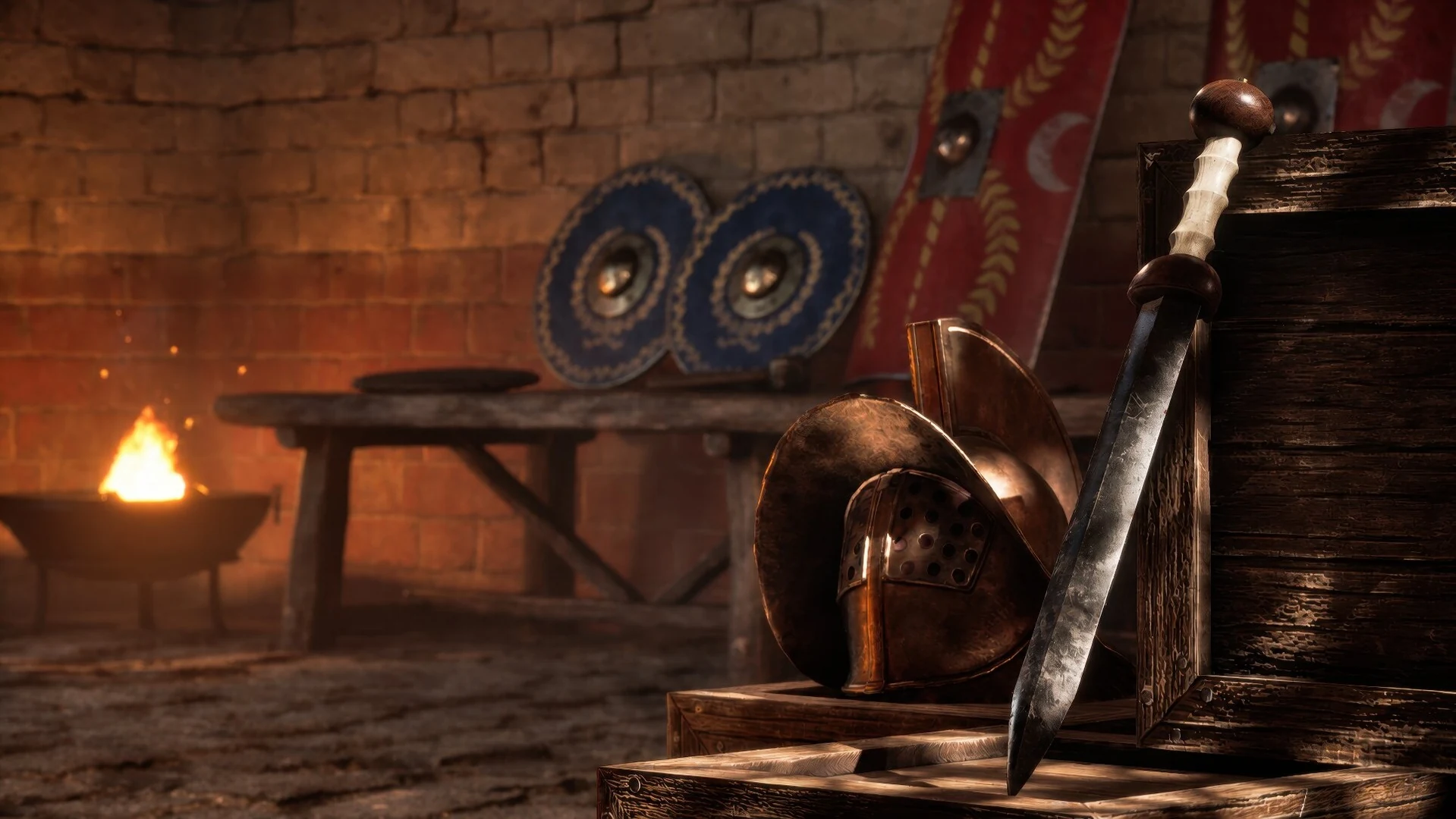 Armeria romana con elmi, scudi e gladi nel ludus 3D