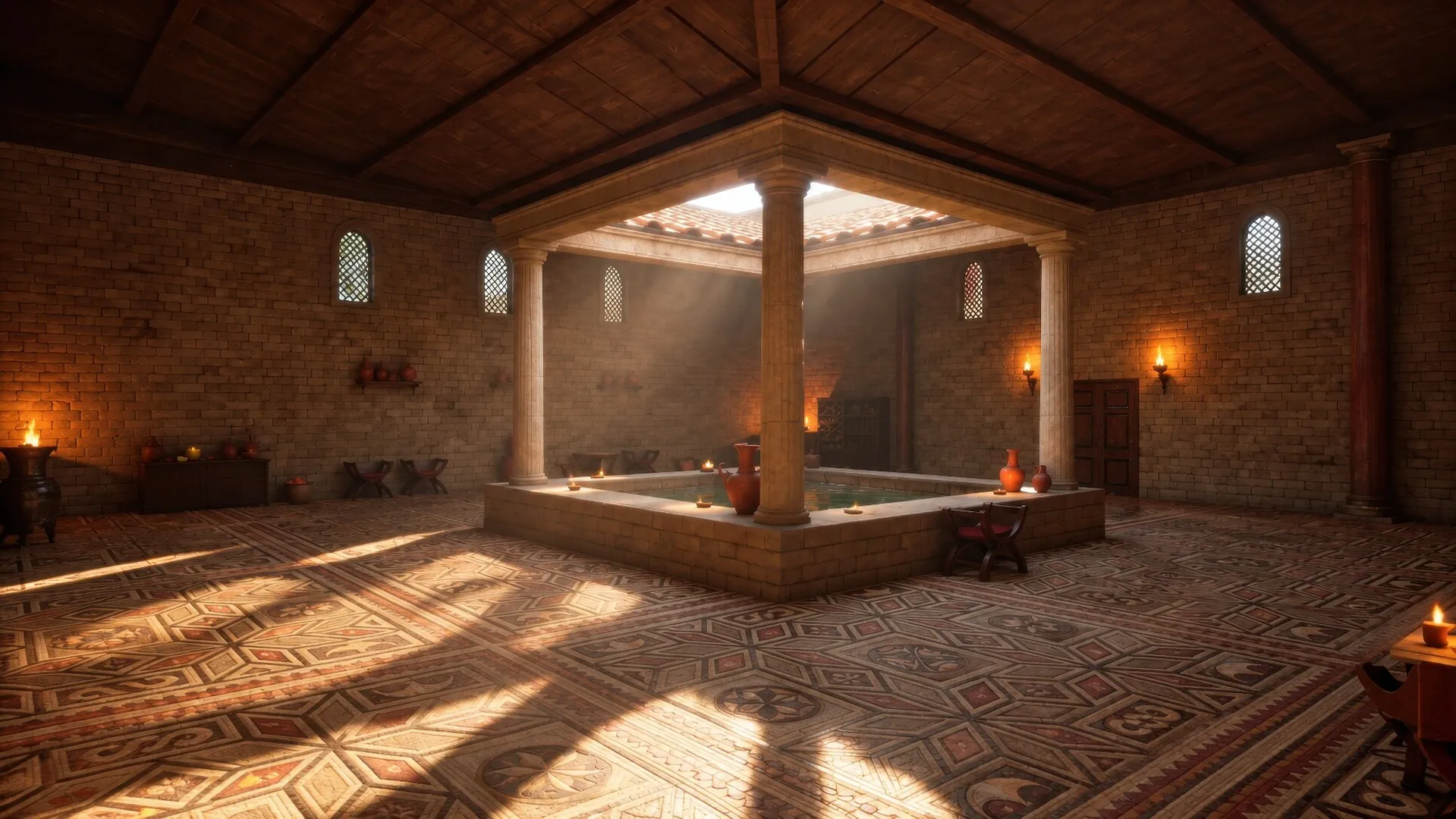 Atrio romano con impluvium e colonne nel ludus 3D in Unreal Engine 5