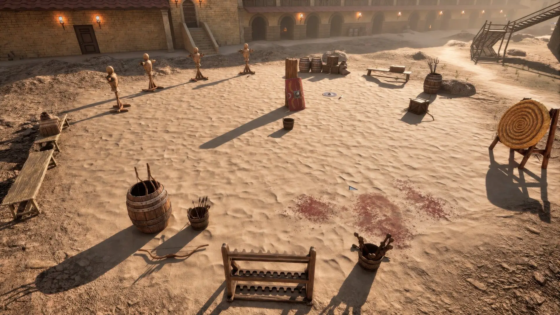 Campo di addestramento dei gladiatori con pali e attrezzature nel ludus romano