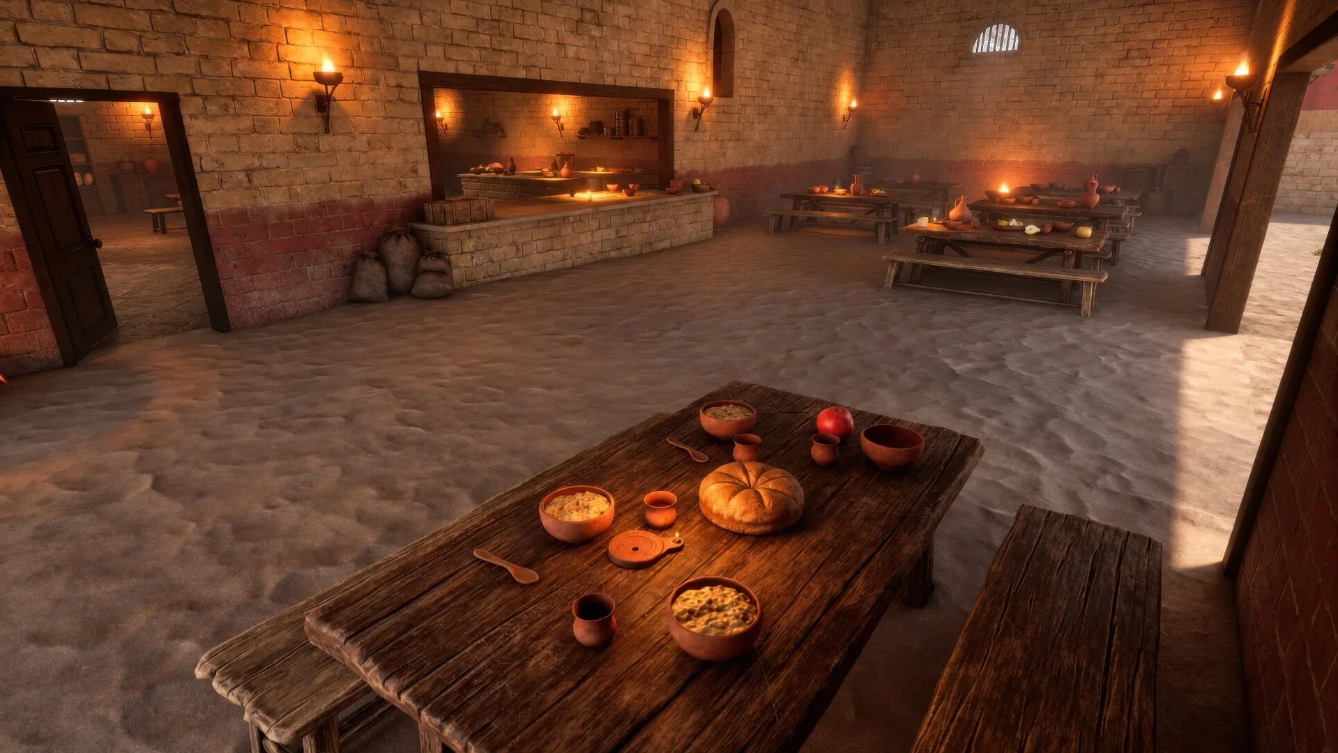 Refettorio del ludus romano con tavoli e arredi