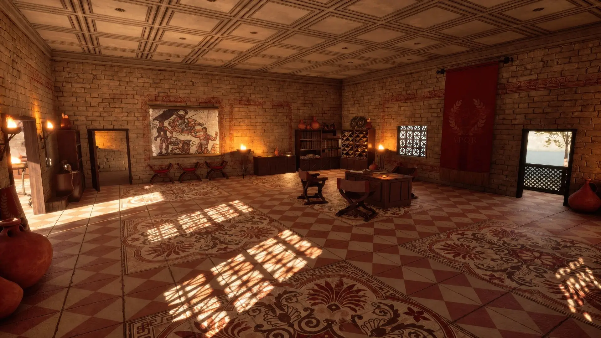 Sala di ricevimento arredata nella scuola dei gladiatori