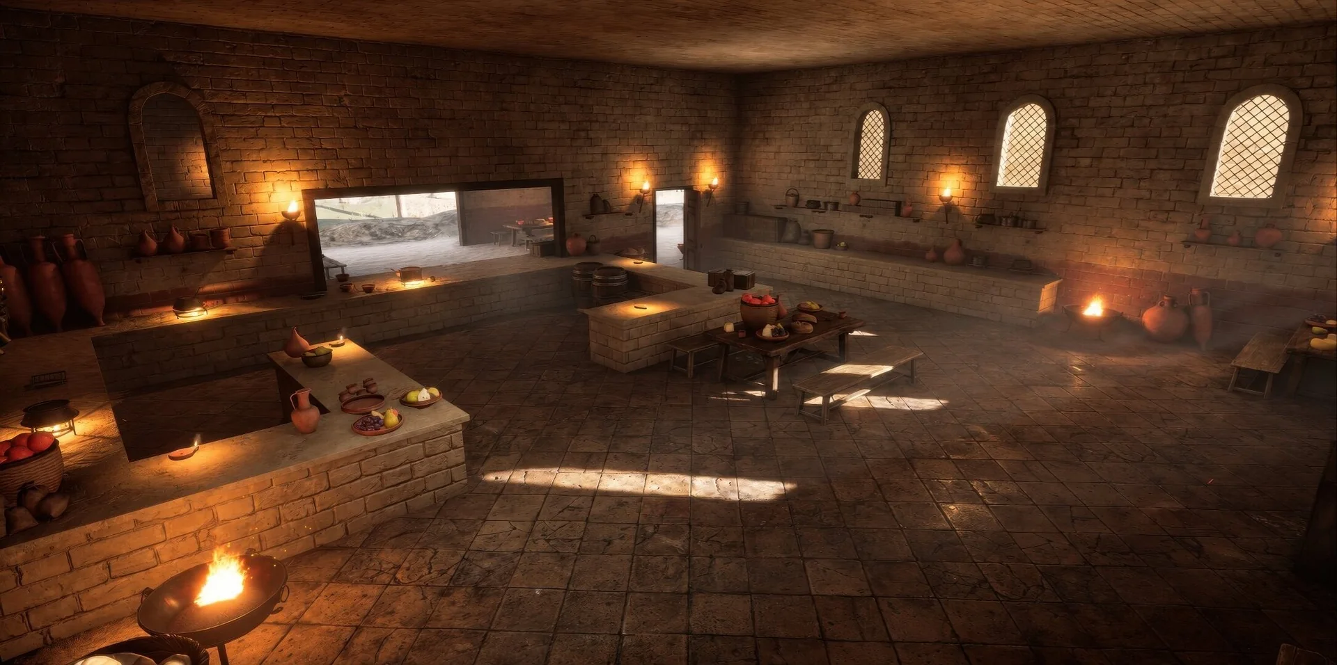 Grande sala del ludus romano con finestre e arredi in Unreal Engine 5