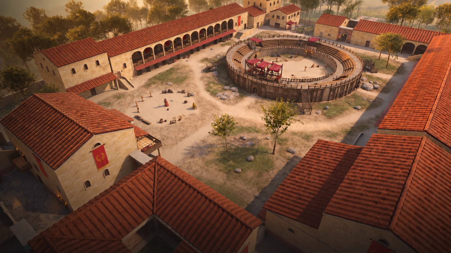 Vista aerea del ludus romano: arena, portici e campo di addestramento in Unreal Engine 5