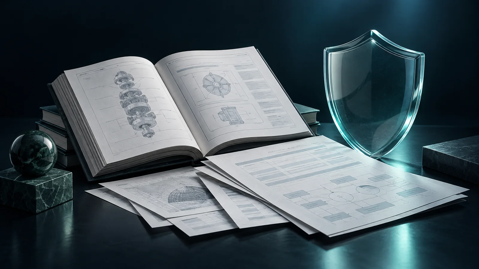 Manuali tecnici, tabelle astratte e uno scudo di vetro: illustrazione editoriale