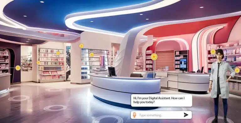 Illustrazione di un negozio virtuale con percorsi e prodotti.