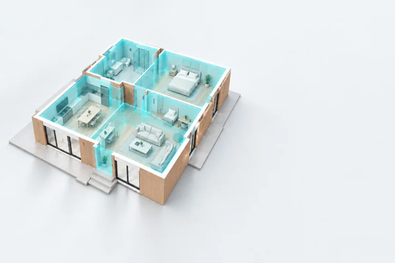 Modello 3D di un appartamento ricavato da una planimetria, con le stanze evidenziate