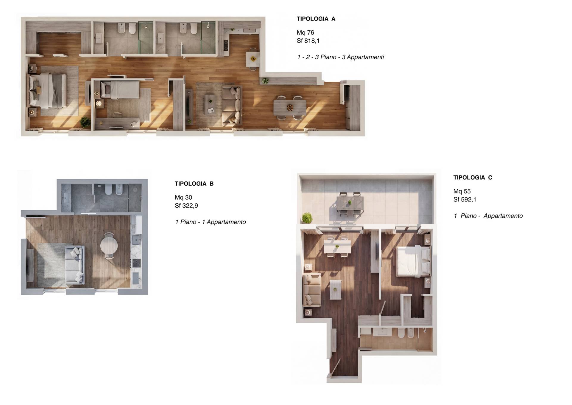 Planimetrie 3D arredate e piante fotorealistiche per brochure immobiliare.