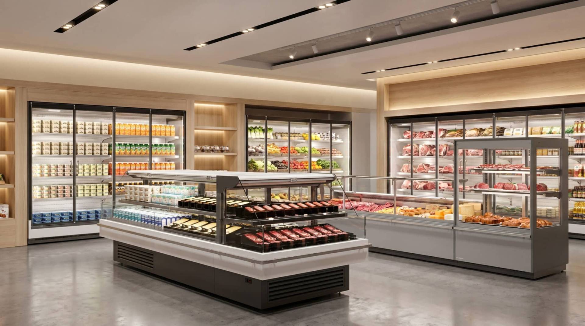 Rendering 3D fotorealistico di frigorifero industriale per la Grande Distribuzione Organizzata, realizzato in CGI con dettagli ad alta precisione su materiali metallici, vetro e illuminazione LED, ambientato in contesto retail professionale per marketing e visualizzazione prodotto.