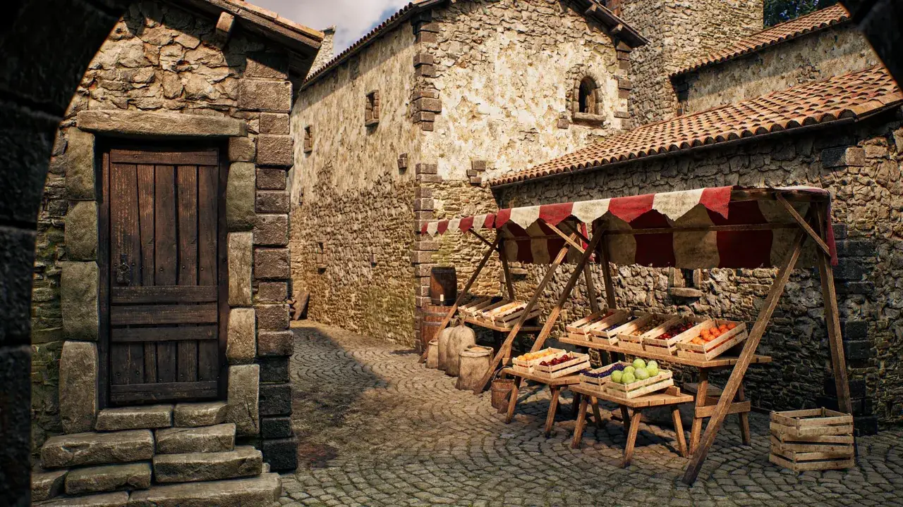 A market stall with a red-and-white striped canopy in the square of an Italian medieval village.