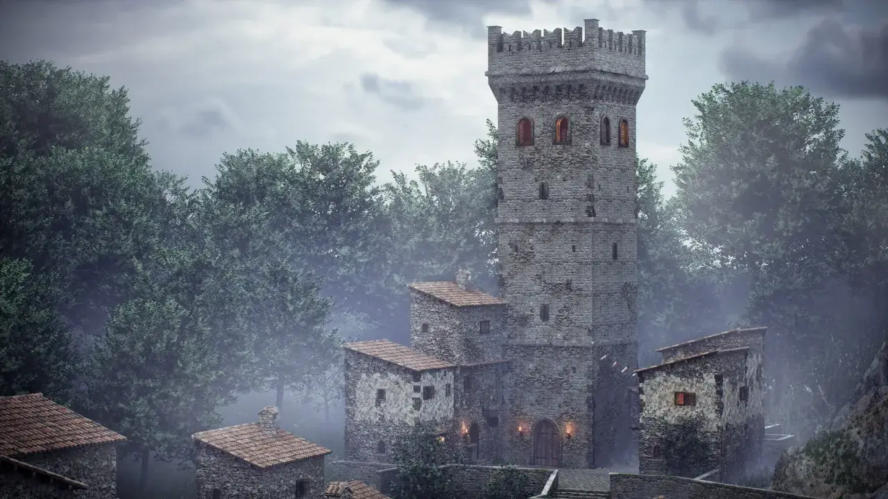 A medieval tower lit from within in a misty setting, surrounded by stone buildings and trees, created in Unreal Engine.