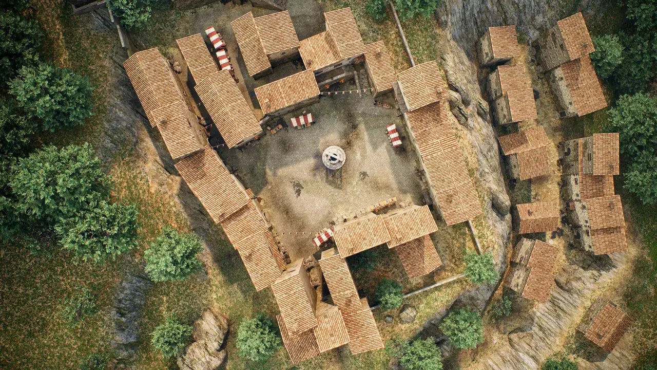 Aerial view of a medieval town with a central square, stone well, market stalls and stone buildings with tiled roofs, created in Unreal Engine.