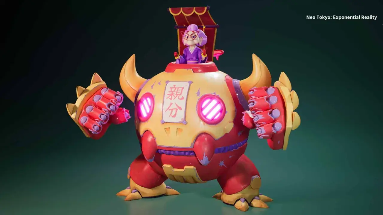 An elderly character wearing a purple kimono and red glasses controls a large spherical robot with yellow and red details in the Neo Tokyo project.