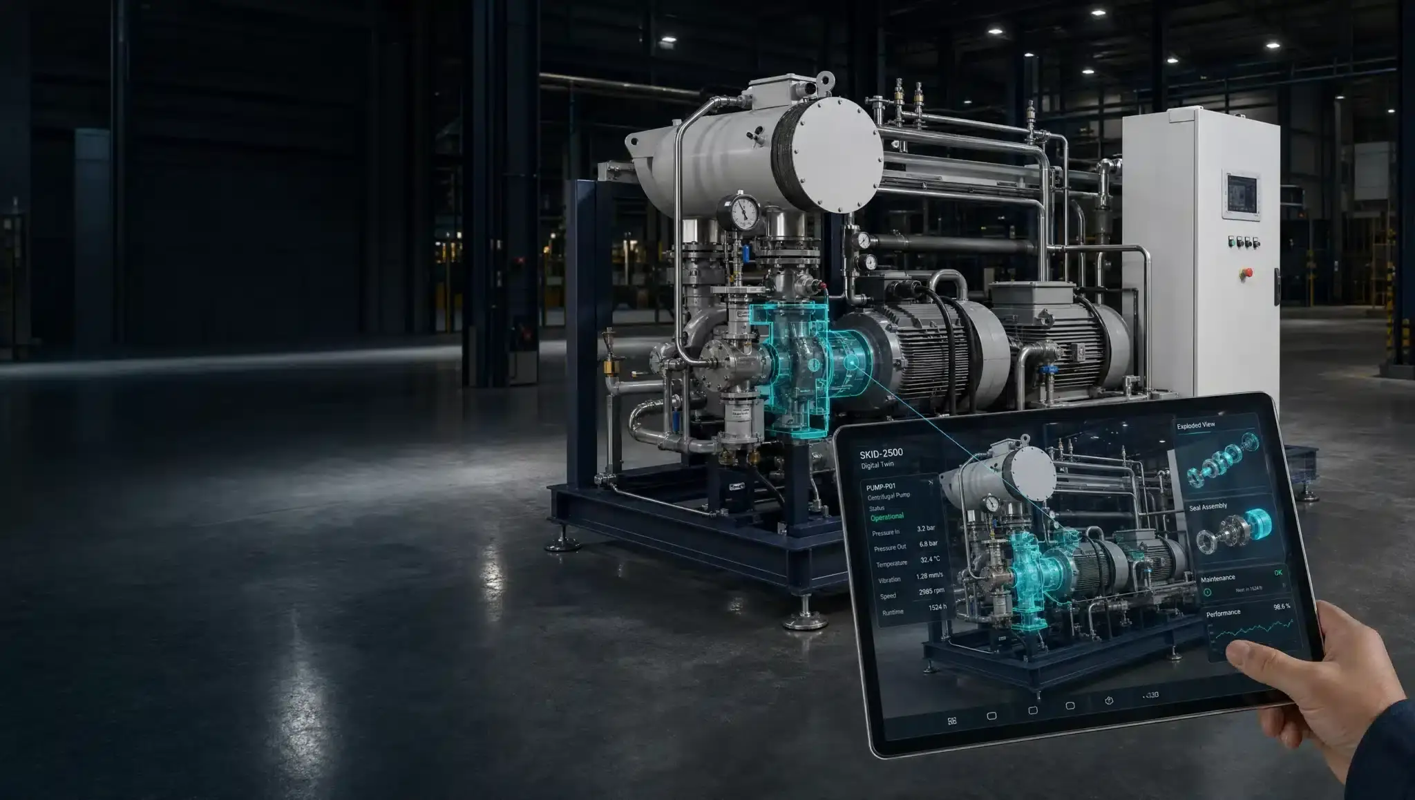 Macchinario industriale con digital twin visualizzato su tablet e informazioni tecniche in realtà aumentata