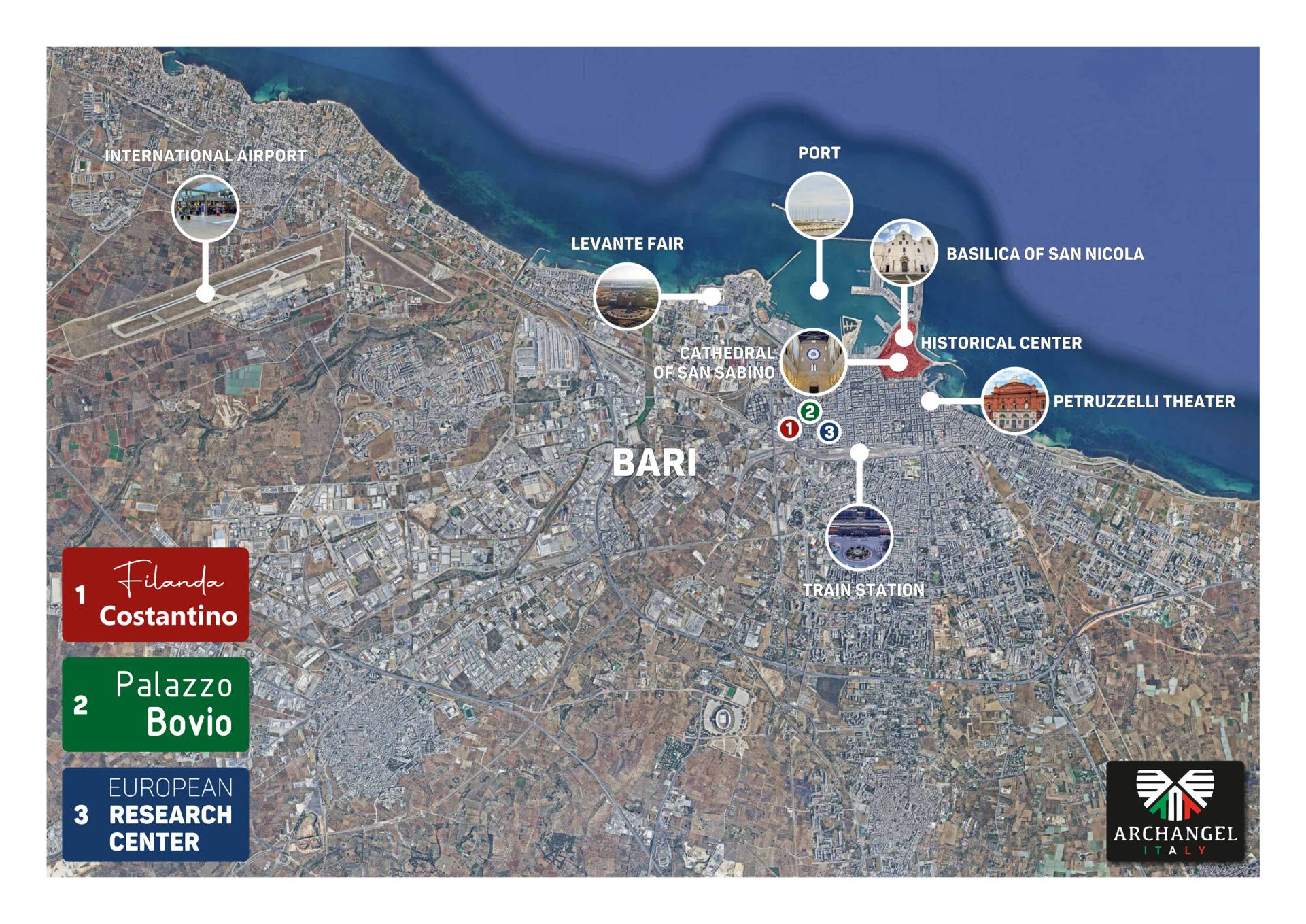 Mappa geolocalizzazione progetto architettonico Bari con punti di interesse urbani.