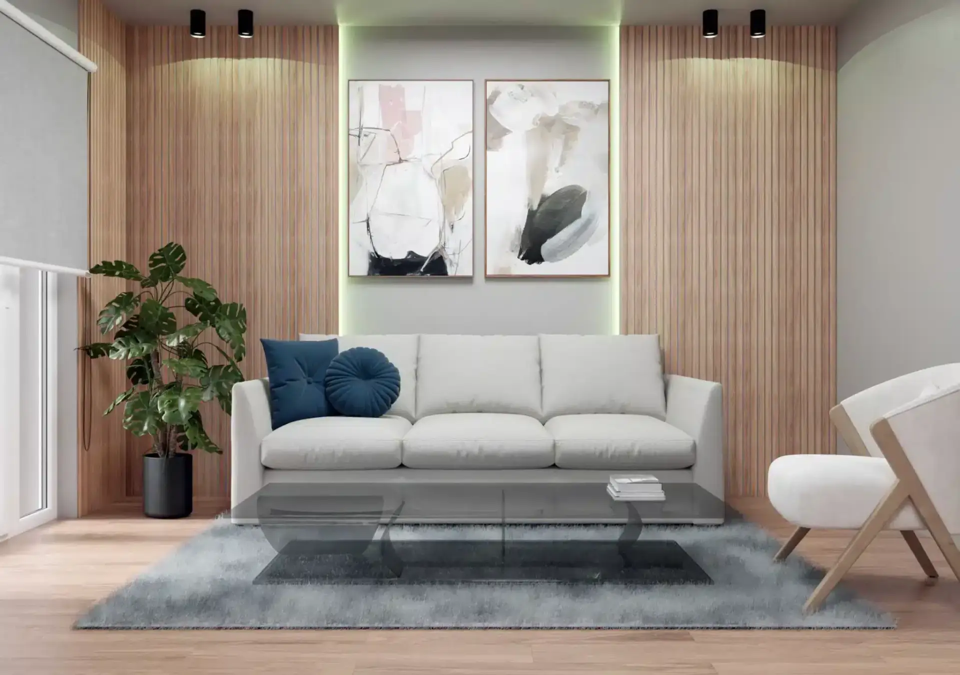 Rendering 3D interni soggiorno moderno e visualizzazione garage interrato multiposto.