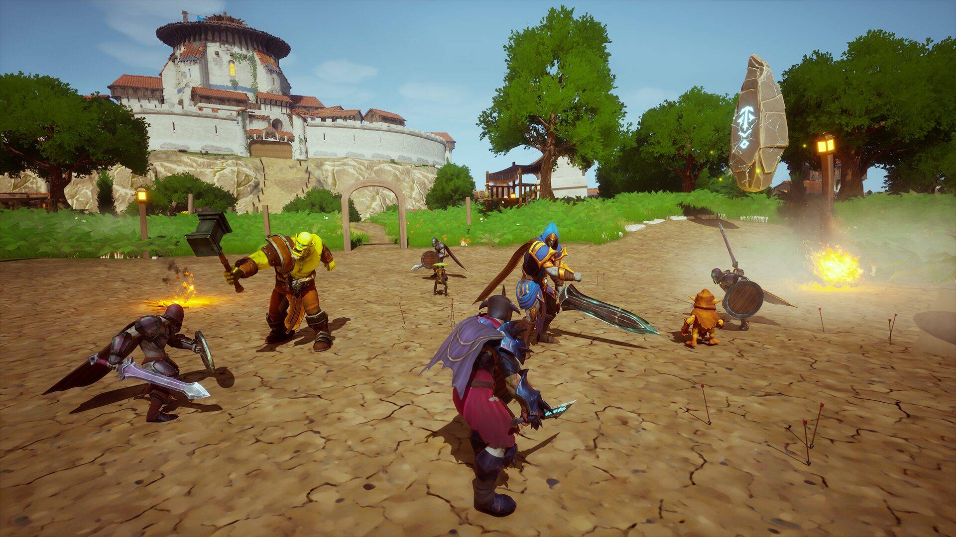 Un gruppo di personaggi in un ambiente fantasy combatte in un’arena all’aperto nell'ambito di una applicazione interattiva sviluppata da Loto Studios