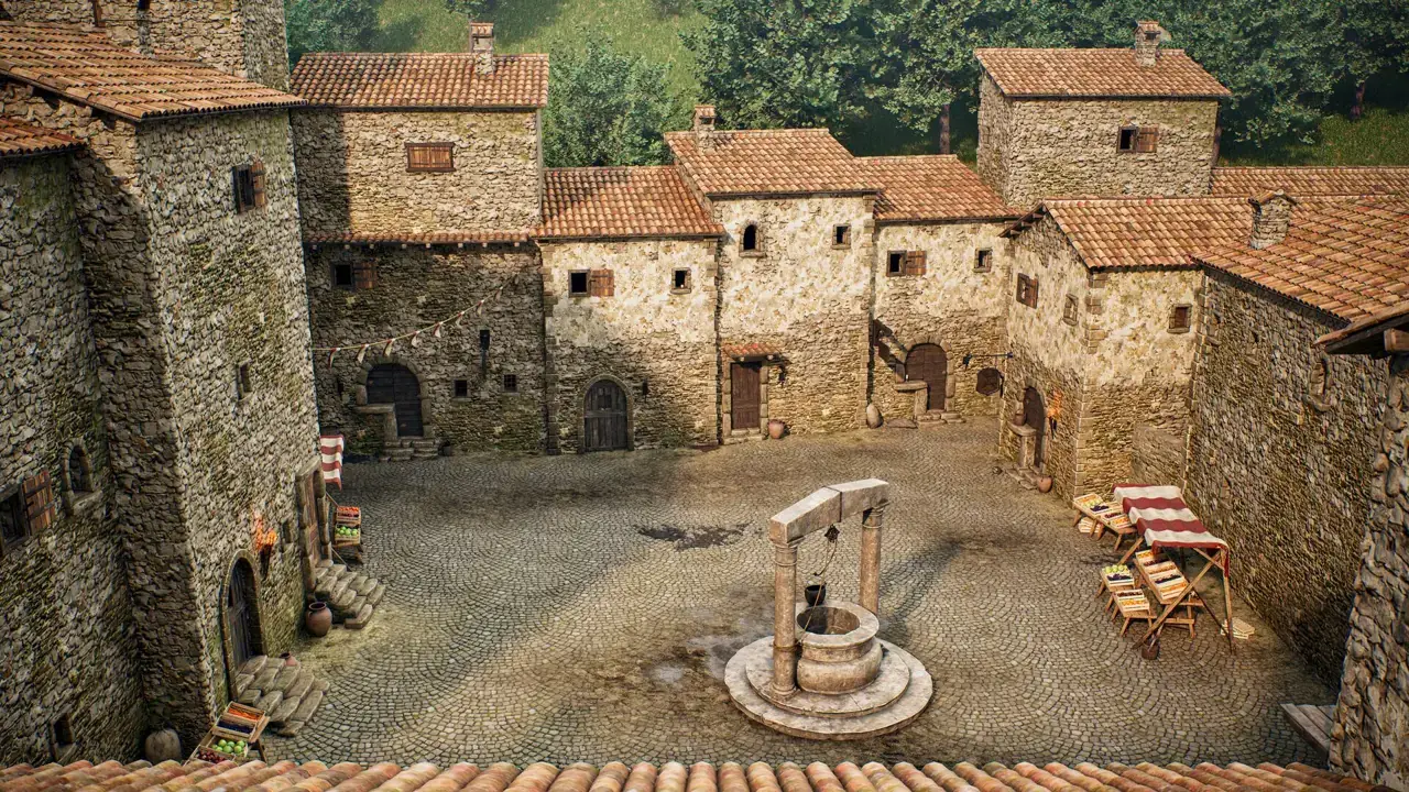 Overhead view of a medieval town square with a central well and stone houses with red tiled roofs, created in Unreal Engine.