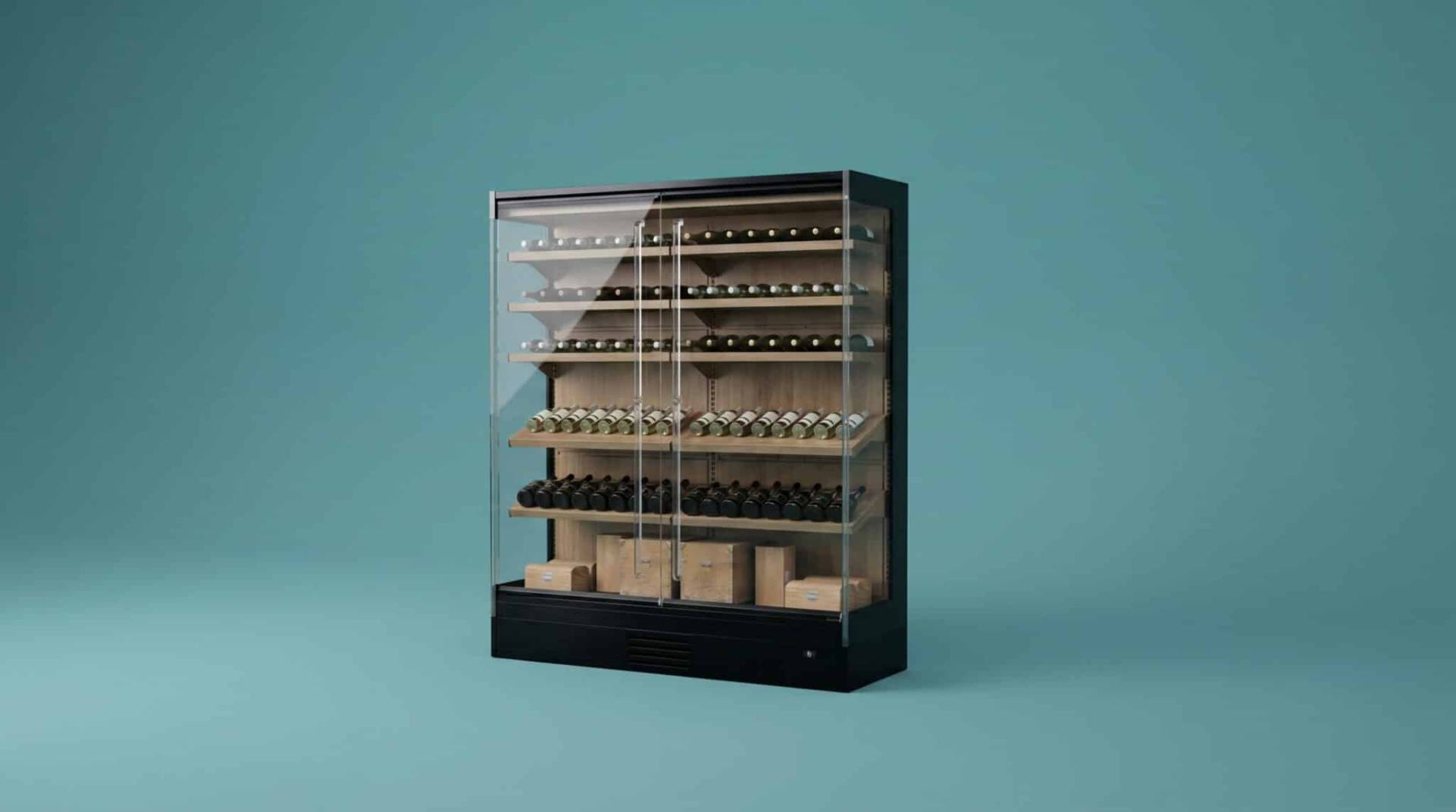 Rendering 3D fotorealistico di vetrine refrigerate verticali, murali espositivi e banchi frigo professionali per la Grande Distribuzione Organizzata, ambientati in un contesto retail moderno con illuminazione commerciale e prodotti alimentari esposti.