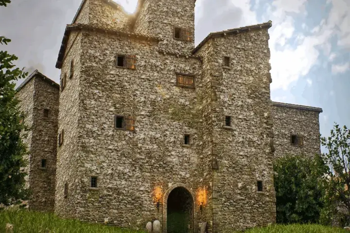 3D reconstruction of a stone castle with natural lighting and detailed architecture for archaeological and cultural visualization.