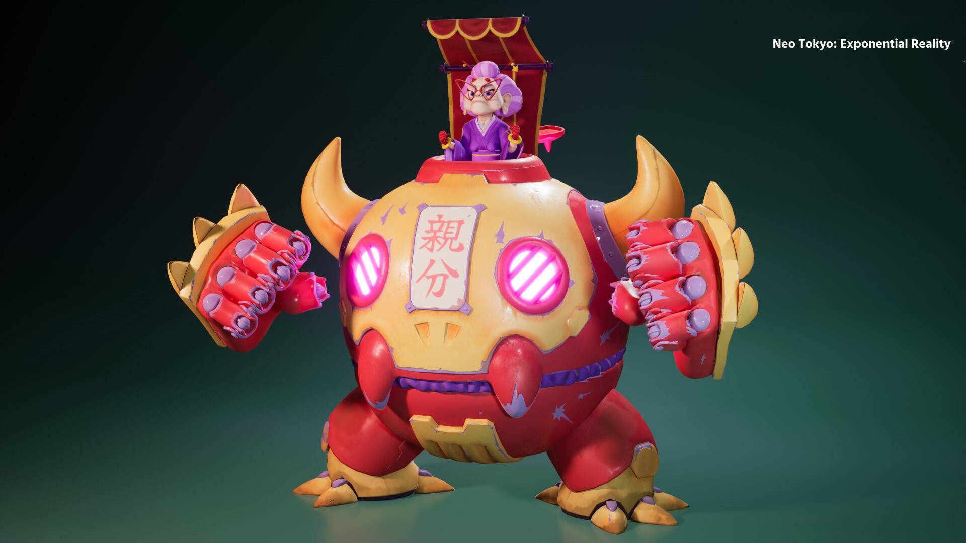 Personaggio 3D del progetto Neo Tokyo: una donna anziana in kimono viola e occhiali rossi controlla un robot massiccio a forma di sfera con decorazioni futuristiche gialle e rosse