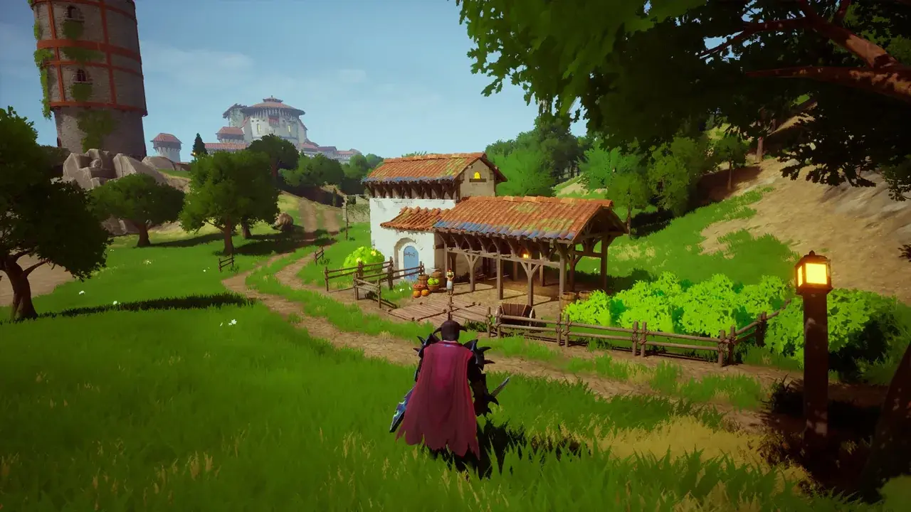 A third-person character looking toward a market building, grassy paths and a tower in a stylized village environment.