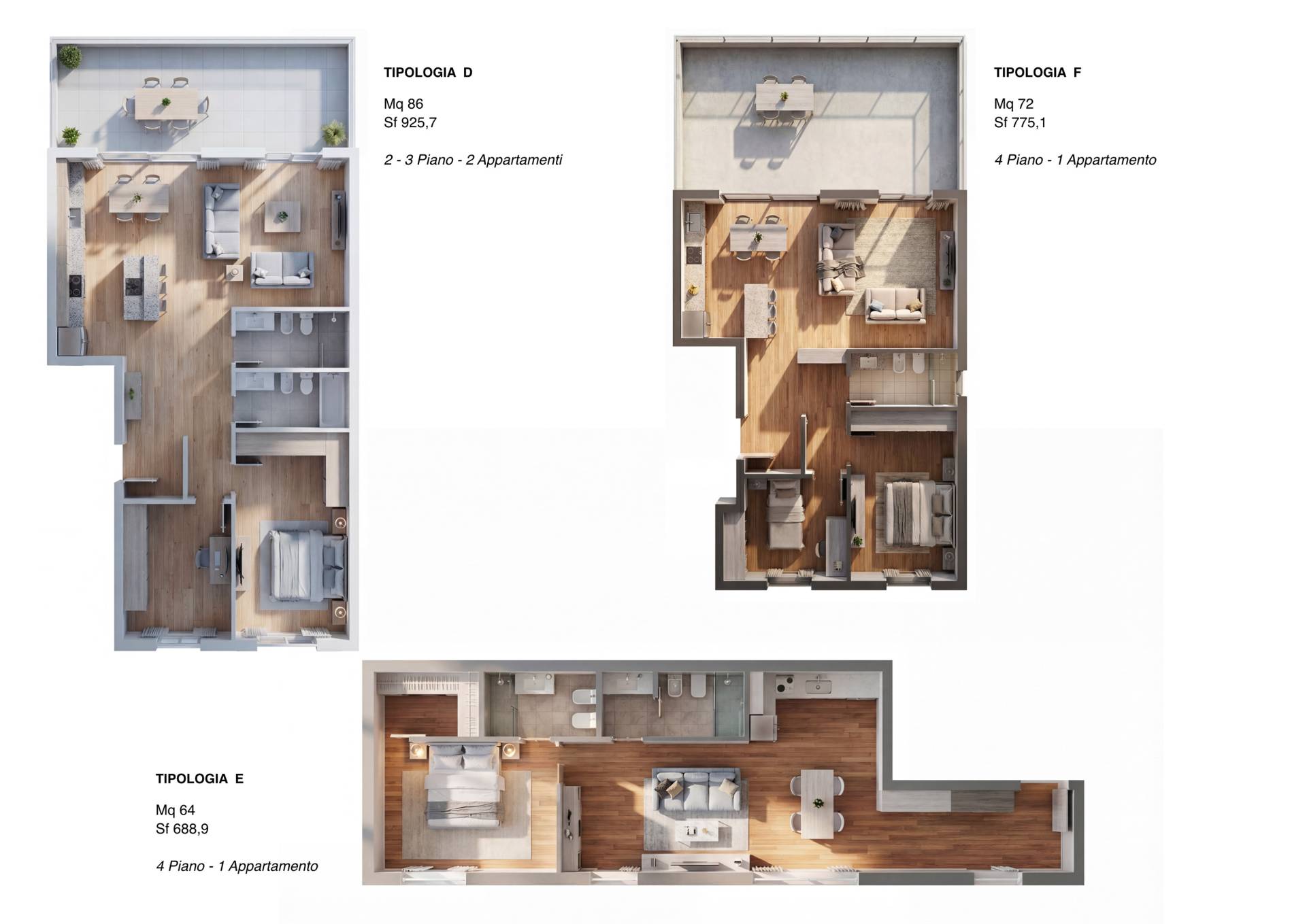 Planimetrie 3D arredate e piante fotorealistiche per brochure immobiliare.