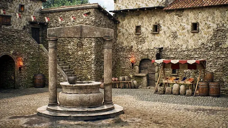 A medieval square with a stone well, wall-mounted torches and a produce stall, recreated in Unreal Engine.