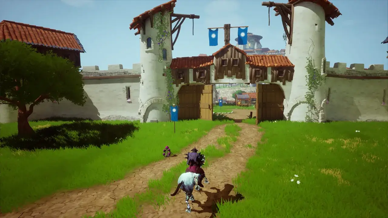 A mounted third-person character approaching a timber-framed town gateway with two towers and blue banners.