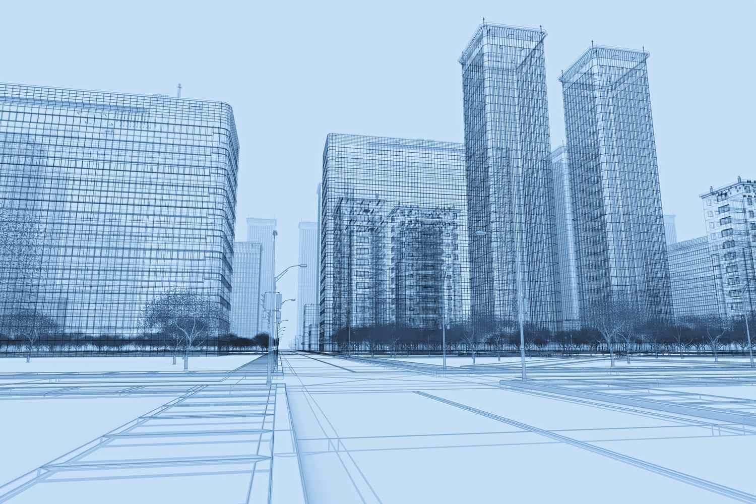 Vista prospettica di un modello 3D in wireframe che rappresenta una città moderna con grattacieli, strade e alberi stilizzati