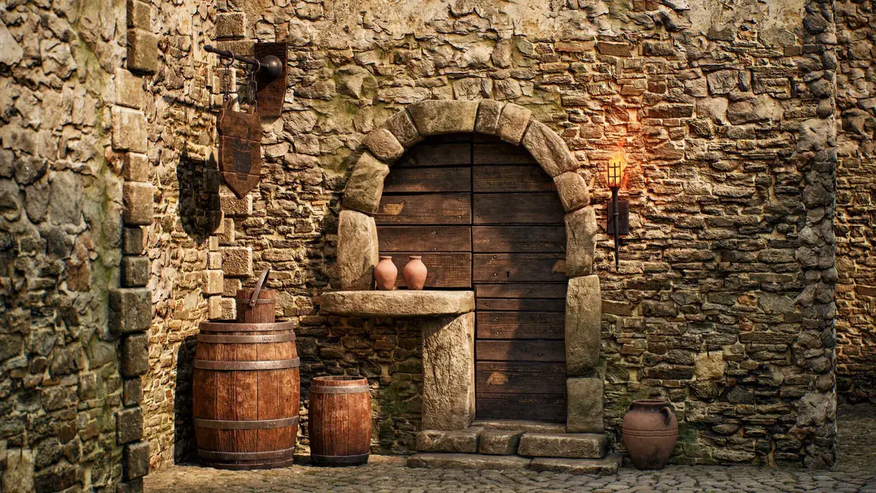 An arched wooden doorway framed in stone, with barrels, pots and an inn sign, in a medieval town recreated in Unreal Engine.
