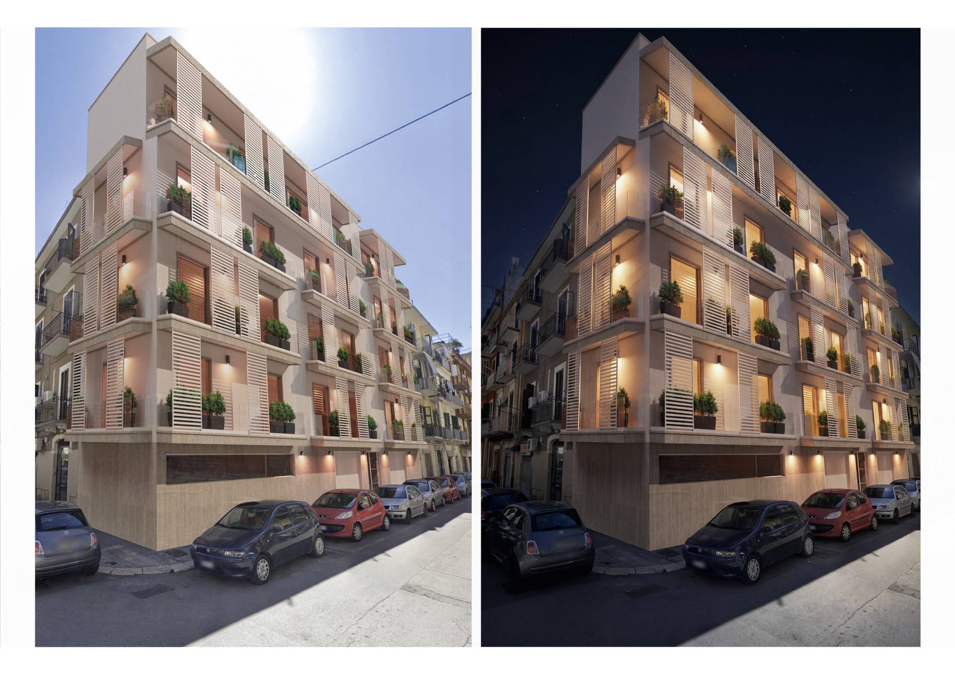 Confronto rendering esterno giorno e notte edificio residenziale moderno.