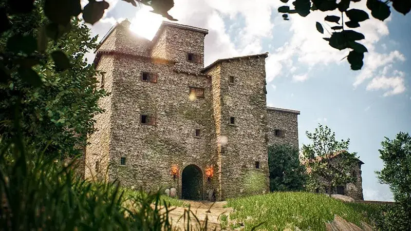 Sunlit medieval stone building with an arched entrance, surrounded by grass and trees, created in Unreal Engine.