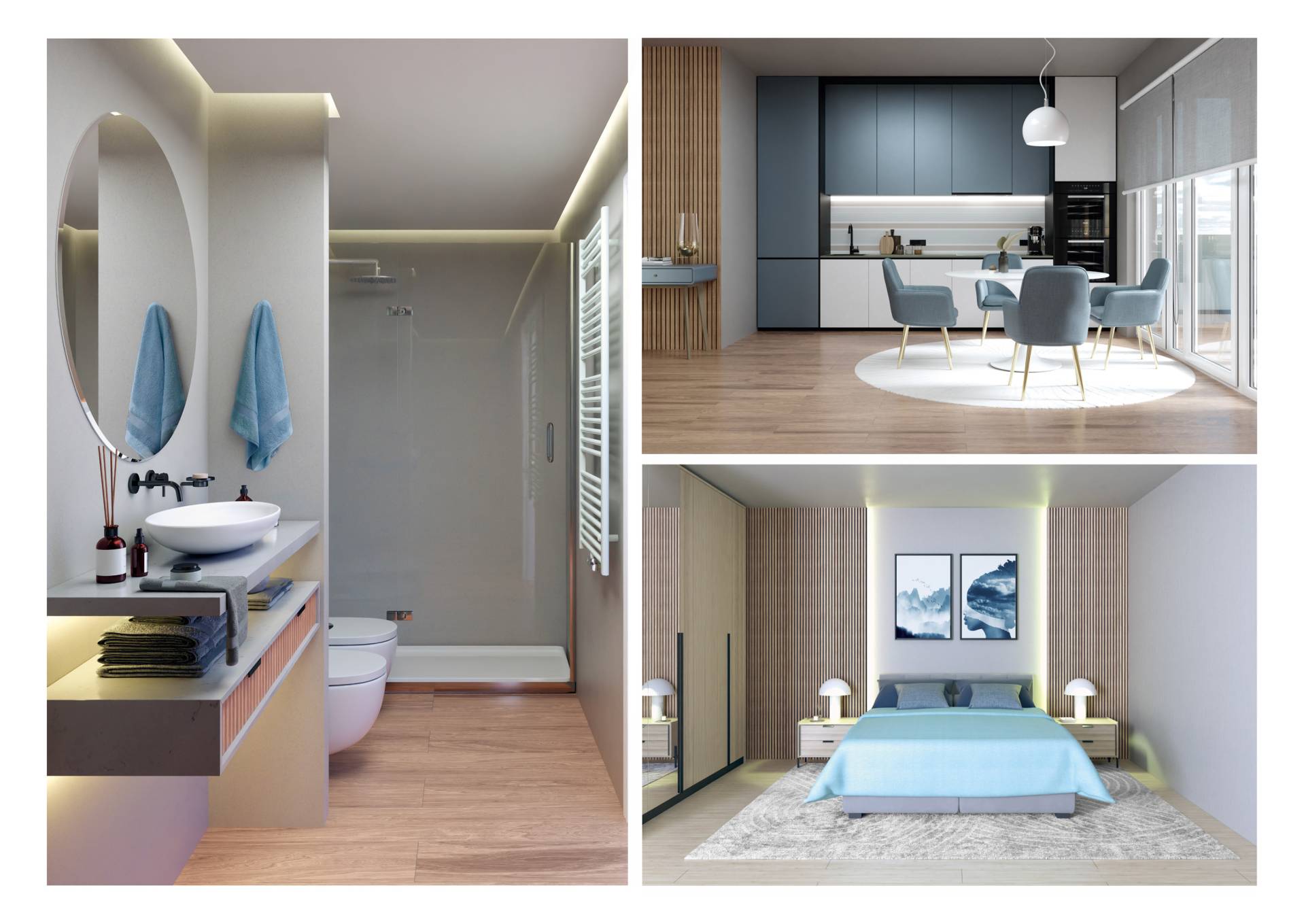 Visualizzazione architettonica 3D bagno di design e camera da letto matrimoniale minimale.