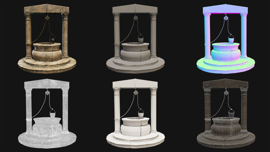 Un modello 3D di un pozzo medievale mostrato in diverse fasi di sviluppo: texture completa, mappa di controllo UV, mappa delle normali, wireframe e versione senza texture