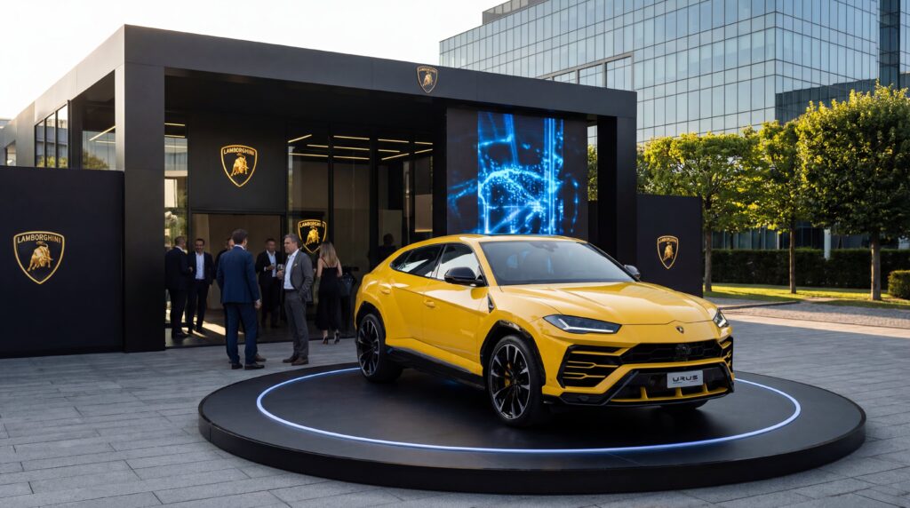13_Lambo013 Rendering 3D per l'evento “Dare to Live More” di Lamborghini, con una Lamborghini Urus gialla esposta su una piattaforma circolare, situata di fronte all’ingresso illuminato di una struttura con logo Lamborghini con persone