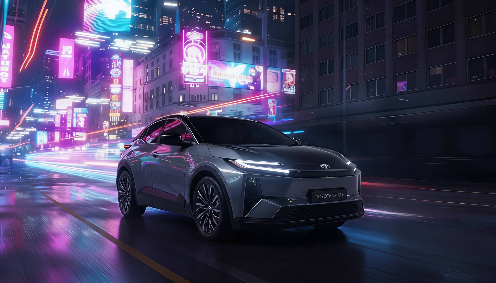 Spot pubblicitario automobilistico 3D per Toyota: un’auto in primo piano con design moderno e aerodinamico, illuminata da luci cinematiche, che attraversa un ambiente dinamico e futuristico con movimento fluido della camera e riflessi realistici sulla carrozzeria.